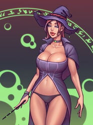 1girls big_breasts boobsgames breasts choker cleavage collar female female_only gem human human_only large_breasts light-skinned_female light_skin lips looking_at_viewer melissa_(warlock_and_boobs) panties plump_lips runes solo wand warlock_and_boobs witch witch_hat