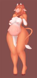 anthro bovid bovine breasts cattle changeling_tale curvaceous female fur hair hooves horns long_tail mammal marion_(changeling_tale) nipples nude orange_fur orange_hair pussy ruruscube shy simple_background standing teats thick_thighs udders