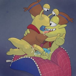 2019 2boys 3_toes 4_fingers argon_vile balls black_eyes blue_background bottomless camp_lazlo cartoon_network clam_(camp_lazlo) clothed clothing duo erection foreskin frottage gastropod glans green_body hand_on_back hat hi_res humanoid_penis kissing male mammal mollusk partially_retracted_foreskin penis precum red_scarf rhinocerotoid saliva sex simple_background sleeping_bag slinkman slug toes uncut yaoi yellow_body young