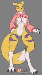 2019 arashidrgn big_breasts black_sclera blue_eyes bottomless breasts canid canine clothed clothing digimon digimon_(species) female fur hoodie mammal meme nipples nude renamon solo sweater twitter twitter_hoodie white_fur yellow_fur