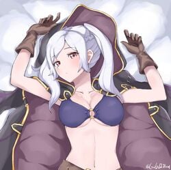 bikini fire_emblem fire_emblem_awakening fire_emblem_heroes gloves grimmelsdathird looking_at_viewer on_back red_eyes robin_(female)_(summer)_(fire_emblem) robin_(fire_emblem) robin_(fire_emblem)_(female) twintails white_hair