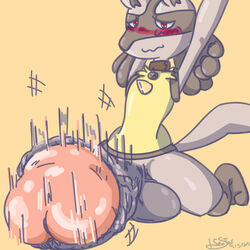 alternate_color balls big_balls big_penis blue_fur blush collar embarrassed first_person_view foreskin fur glans hi_res huge_balls humanoid_penis hyper hyper_balls hyper_foreskin hyper_penis lucario male mammal nintendo nude original_character paws penis pokemon pokemon_(species) spikes stretching thick_thighs uncut video_games xneostarx yaoi yellow_fur