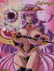 breasts dark-skinned_female dark_elf dark_skin donvoy_(artist) elf gem highres huge_breasts lock long_hair mage magic magician original piercing pointy_ears purple_hair red_eyes refearga staff wizard