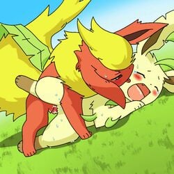 1boy 1girls animated blush closed_eyes cute_fangs doggy_style eeveelution feet female feral feral_on_feral flareon flora_fauna fluffy fluffy_ears fluffy_tail fur furry grass half-closed_eyes humping interspecies leafeon long_ears loop male markings nintendo nude on_side open_mouth outside paws penetration penis plant pokemon pokemon_(species) pokemon_dppt pokemon_rgby pussy red_fur riu sex sky snout socks_(marking) spread_legs spreading straight tan_fur tears tongue tongue_out vaginal_penetration video_games yellow_fur yellow_tail チョコケーキ
