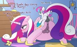 2018 absurd_res alicorn anal anal_sex anus ass backsack balls blush clitoral_winking clitoris crotchboobs cum daughter dialogue dickgirl duo english_text equid feathered_wings feathers female feral flurry_heart_(mlp) flurrydance friendship_is_magic futanari hair hi_res horn incest inflation inside intersex intersex/female long_hair mackstack mammal mother mother_and_daughter multicolored_hair my_little_pony open_mouth parent penetration penis perching_position pink_hair princess_cadance_(mlp) purple_eyes purple_hair pussy pussy_juice sex text tongue white_hair wings young