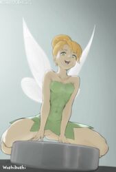 abs absurd_res clothed covered_navel covered_nipples disney dress fairy fairy_wings female female_focus female_only hi_res kneeling makeup minidress minigirl naftosaur nipple_bulge no_bra no_panties open_mouth orange_hair peter_pan_(disney) pussy short_dress skirt small_breasts small_waist smaller_female solo solo_female solo_focus tight_clothing tinker_bell wushibushi