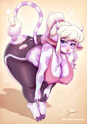 anthro ass bent_over bovine breasts cleavage female female_only furry huge_ass huge_breasts jocelyn looking_at_viewer solo spindles thick_thighs