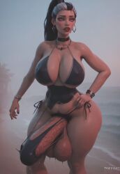 ai_generated beach beach_background black_hair bracelet breasts civitai cleavage cock dripping_wet earrings eleanor_(warframe) erect erect_penis erection erection_under_clothes erection_under_clothing futa_only futanari glossy_skin grey_hair highres huge_balls huge_breasts huge_cock huge_testicles jewelry large_balls large_breasts large_penis large_testicles multicolored_hair nipple_bulge nipples nipples_visible_through_clothing parted_lips penis penis_under_clothes pitching_a_tent plump_lips ponytail pubic_hair shiny_skin string_bikini string_panties swimsuit thick_pubes tight_clothing veiny_balls veiny_penis video_game video_game_character video_game_franchise video_games warframe