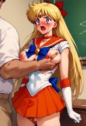 1female 1girls ai_generated bishoujo_senshi_sailor_moon blackmail blonde_pubic_hair blush bow clothing dripping_pussy excited female forced forced_exposure girl gloves hairy_pussy long_hair magical_girl medium_breasts minako_aino on_camera open_vagina phone_screen pubic_hair sailor_collar sailor_venus school_uniform schoolgirl schoolgirl_uniform skirt skirt_lift small_breasts surprise surprised_expression surrounded surrounded_by_men torn_clothes uncensored