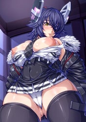 areolae ass_visible_through_thighs black_jacket black_legwear black_skirt blush breast_pocket breasts checkered checkered_neckwear closed_mouth collarbone commentary_request eyebrows_visible_through_hair eyepatch female hair_between_eyes headgear impossible_clothes jacket kantai_collection large_areolae large_breasts looking_at_viewer necktie nipples no_bra off_shoulder open_clothes pocket puffy_nipples purple_hair remodel_(kantai_collection) shirt short_hair skirt solo tenryuu_(kantai_collection) thighhighs white_shirt window winter_clothes yellow_eyes yukimasa_(nkk145)