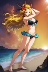 acg1018 ai_generated beach beast_pirates bikini bikini_bottom bikini_top blonde_hair blue_eyes female female_only geisha_hair horns large_breasts one_piece seaside wano_country