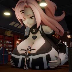 alternate_breast_size belle_(zenless_zone_zero) breast_expansion breasts_bigger_than_head cleavage decodec giantess gigantic_breasts huge_breasts large_breasts larger_female nicole_demara pink_hair size_difference smaller_female zenless_zone_zero