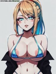 ai_generated big_breasts big_nipples bikini blonde_hair blush curvy gigatsu metroid nintendo ponytail samus_aran seductive visible_nipples