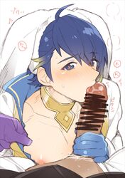 2boys alfonse_(fire_emblem) alfonse_(spring)_(fire_emblem) animal_ears blue_eyes blue_hair blush bruno_(fire_emblem) bunny_ears censored dark-skinned_male dark_skin fellatio fire_emblem fire_emblem_heroes gay heart heart-shaped_pupils interracial looking_at_viewer male male_focus male_only male_pov moaning multiple_boys mysterious_man_(fire_emblem) nipples oral penis pov saliva sweat symbol-shaped_pupils yaoi