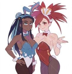 2girls animal_ears asymmetrical_docking azumarill bare_shoulders black_hair black_pantyhose blue_hair blue_leotard bow bow_choker breast_press breasts bunny_girl bunnysuit chocolate_and_vanilla choker cleavage contrast dark-skinned_female dark_skin detached_collar earrings fake_tail flannery_(pokemon) hand_on_own_hip hoop_earrings jewelry large_breasts leotard long_hair looking_at_viewer medium_breasts multicolored_hair multiple_girls nessa_(pokemon) pantyhose parted_lips playboy_bunny pokemon pokemon_oras pokemon_swsh rabbit_ears rabbit_tail red_eyes red_hair red_leotard scorbunny smile symoca tail two-tone_hair white_background wrist_cuffs