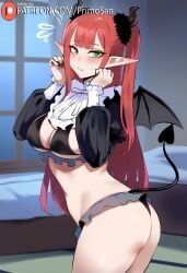 ai_generated black_bikini cosplay demon elf elf_ears embarrassed from_side green_eyes horns kitagawa_marin large_breasts looking_at_viewer primosan puffy_sleeves red_hair revealing_clothes rizu-kyun_(cosplay) sono_bisque_doll_wa_koi_wo_suru standing succubus succubus_horns succubus_tail succubus_wings tail wings