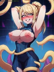 ai_generated armpits arms_behind_back big_breasts blonde_hair breasts_out excited gigatsu metroid nintendo nipples ponytail samus_aran seductive tentacle tentacle torn_clothes