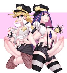 2futas abs angel big_penis blonde_hair blue_hair female futa_on_futa futa_only futanari hand_on_hip huge_cock intersex nicecream panty_&_stocking_with_garterbelt panty_anarchy pink_hair stocking_anarchy two_tone_hair