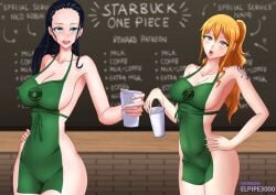 2girls apron black_hair blue_eyes breasts brown_eyes chalkboard chalkboard_writing cup elpipe3000 hand_on_hip holding_cup large_breasts long_hair looking_at_viewer naked_apron nami nico_robin one_piece orange_hair ponytail starbucks tattoo tattooed_arm