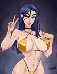 1girls arcane areola_slip artist_name big_breasts bikini blue_eyes blue_hair blue_nails caitlyn_kiramman choker cleavage golden_bikini high_waisted_bikini high_waisted_bottomwear huge_breasts league_of_legends light-skinned_female light_skin long_hair looking_at_viewer micro_bikini nipple_bulge owler peace_sign seductive_look solo upper_body v