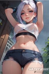 1female 1females 1girls 1woman ai_generated armpits arms_up artist_name blue_eyes blush breasts character covered_nipples cowboy_shot crop_top denim female female female from_below futarush girl jett_(valorant) large_breasts looking_at_viewer medium_breasts navel nipples nipples_covered nipples_visible_through_clothing no_bra normal_breasts outdoors pants parted_lips patreon patreon_username rain riot_games see-through shirt short_shorts shorts single_pantsleg sky smile solo sultryspark valorant video_game video_games wet wet_clothes wet_shirt white_hair