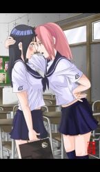 2girls blue_hair blue_skirt breasts classroom dannex009 desk green_eyes hairband hand_on_head hand_on_hip hyuuga_hinata long_hair medium_breasts naruto naruto_(series) neckerchief pink_hair purple_eyes sailor_collar sakura_haruno school_bag school_desk school_uniform shirt short_hair skirt thighhighs white_shirt yuri