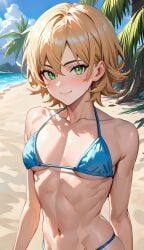 ai_generated beach bikini blonde_hair femboy girly_boy green_eyes looking_at_viewer myaim original_character sissy tagme twin_braids