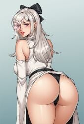 artist_request ass black_panties breasts dat_ass drag-on_dragoon drag-on_dragoon_3 drakengard drakengard_3 dress elbow_gloves female flower_in_eye looking_at_viewer looking_back medium_breasts on_back panties pink_eyes ribbon smile source_request white_dress white_hair zero_(drag-on_dragoon) zero_(drakengard)