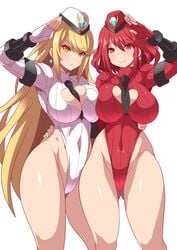 2girls alternate_costume anime_style bangs big_breasts black_clothes blonde_hair breasts cammy_white cammy_white_(cosplay) cleavage cleavage_cutout cosplay curvaceous curvy earrings enemy_conversion eyes_visible_through_hair female female_only fingerless_gloves frown gloves gluteal_fold hair_ornament heart_cutout highres jewelry konno_tohiro large_breasts leotard long_hair long_sleeve_leotard looking_at_viewer multiple_girls mythra necktie nintendo pose pyra red_eyes red_hair red_leotard salute shadaloo_dolls shiny shiny_clothes shiny_hair shiny_skin short_hair smile standing street_fighter swept_bangs tareme thick_thighs thighhighs thighs tsurime very_long_hair white_leotard wide_hips xenoblade_(series) xenoblade_chronicles_2 yellow_eyes