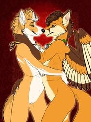 2019 5_fingers anthro anthro_on_anthro ass black_nose breasts brown_eyes brown_fur brown_hair canid canine canis cuddling dingo duo eye_contact fangs feathered_wings feathers female fox fur green_eyes hair hand_behind_head hand_on_back hand_on_butt jewelry kita_(silvixen) mammal necklace nude orange_fur patrikthedog pinup pose pussy romantic_couple simple_background smile standing tan_fur teeth white_fur white_hair wings yuri