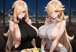 2girls ai_generated aiartf4 blonde_female blonde_hair blonde_hair_female blue_eyes breasts breasts_out crossover curvy curvy_body curvy_female cynthia_(pokemon) female female_only gray_eyes mario_(series) pokemon pokemon_dppt princess_rosalina virgin_killer_sweater