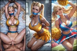 ai_generated blonde_hair cheerleader cheerleader_uniform crying cum_in_pussy forced gagged kidnapped missionary_position rape raped tears tied_up twintails