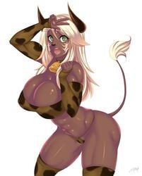 1girls abs animal_tail bandeau bell bell_collar blonde_hair breasts cleavage cow_horns cow_print cow_tail cowbell dark-skinned_female dark_skin erilsa_(leadleaf) female female_only final_fantasy final_fantasy_xiv front-tie_bikini green_eyes horns huge_breasts micro_panties mole mole_under_eye mrbowater open_mouth roegadyn solo strapless_bikini tail thick_thighs thighhighs thighs v_over_eye