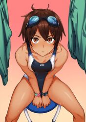 competition_swimsuit fit goggles goggles_on_head hands_between_legs kr_ohoshisama looking_at_viewer looking_up one-piece_swimsuit original sitting small_breasts swimsuit thick_thighs very_short_hair wet