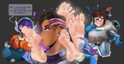 3girls asian_female barefoot blizzard_entertainment blue_eyes brown_hair confused dbo-lsd english_text feet foot_fetish foot_focus foot_lick foot_licking foot_worship juno_(overwatch) latina mei_(overwatch) mexican_female overwatch overwatch_2 purple_eyeshadow purple_hair red_eyes simple_background sombra story_at_source sweat sweaty_feet text tickling tickling_feet tongue_out tongue_piercing