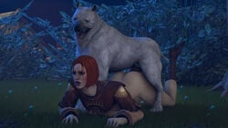 1dog 1girls 3d bestiality bob_cut bottomless canid canine canine_penis dog doggy_style domestic_dog dragon_age dragon_age_origins female female_human female_on_feral feral hetero human interspecies leliana mabari male male/female male_canine night orange_hair outdoors penis red_hair short_hair white_fur zoophilia