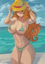 1girls arachnart bikini bracelet breasts brown_eyes clouds green_bikini green_swimsuit hat large_breasts long_hair looking_at_viewer midriff nami navel ocean one_piece orange_hair outside sky straw_hat swimsuit water