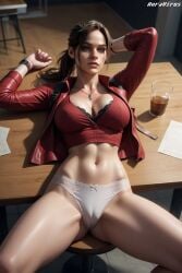 ai_generated athletic athletic_female auravirus big_breasts blue_eyes breasts brown_hair brunette_hair cameltoe chest claire_redfield clothed crop_top female female_only light-skinned_female light_skin looking_at_viewer lying lying_on_back lying_on_table panties ponytail red_jacket resident_evil resident_evil_2 serious_face serious_look solo_female white_panties