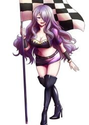 1girls belt beltskirt black_crop_top bracelet breasts camilla_(fire_emblem) checkered_flag crop_top fire_emblem fire_emblem_fates flag hair_over_one_eye high_heel_boots high_heels large_breasts long_hair looking_at_viewer midriff miniskirt navel nintendo purple_eyes purple_hair purple_skirt purple_vest race_queen skirt thighhigh_boots vest willanator