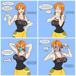 1girls ball_gag black_tank_top bondage breasts brown_eyes cloth comic english_text female female_only gag gagged gagged_speech hand_on_hip harness_ball_gag holding_cloth large_breasts looking_at_viewer maxenergy24 nami nami_(one_piece) one_piece orange_hair putting_on_gag self_bondage short_hair skirt stuffed_mouth_gag tank_top tape tape_gag tattoo tattooed_arm text text_bubble yellow_skirt