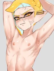 1boy arms_behind_head arms_up blush color cum_on_face emperor_(splatoon) femboy inkling jtveemo male male_nipples male_only nipples solo splatoon splatoon_(manga) tentacle_hair yellow_eyes yellow_hair