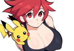 1girl 1girls 2024 2d 2d_(artwork) ai_generated big_breasts black_tank_top breedable female from_above high-angle_view huge_breasts looking_at_viewer mullon novelai pikachu pokemon pokemon_(species) pokemon_trainer red_hair red_hair_female solo solo_female top_heavy white_background