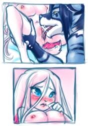 anthro blush breasts canid canine canis cunnilingus female fur furry furry_only hair hi_res licking long_ears mammal nipples nude oral princess pussy roxyhana royalty sex tongue tongue_out vaginal_penetration white_fur wolf