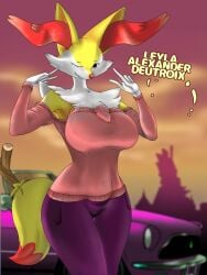 big_breasts braixen car clothing evening female female_focus female_only fox fur furry game_freak games hi_res humanoid leyla_(legitimax) ltmx.01 nintendo pokémon_(species) pokemon pokemon_(species) solo solo_female solo_focus sweater text wink