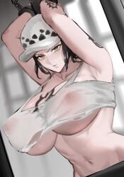 armpits arms_up big_breasts black_hair canon_genderswap captured chained chains chest_tattoo cleavage crop_top female female_only genderswap_(mtf) hat huge_breasts moray_of_bone nipples_visible_through_clothing no_bra one_piece pale-skinned_female pale_skin post-timeskip restrained rule_63 shackles short_hair shoulder_tattoo solo tank_top tattoo tattoos torn_clothes trafalgar_law trafalgar_law_(female) underboob yellow_eyes