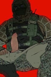 1boy blue_eyes erection fingerless_gloves kapkan_(rainbow_six) lampheadeng male male_only masked masked_male military military_uniform penis_out rainbow_six_siege red_background russian solo solo_male uniform veiny_penis