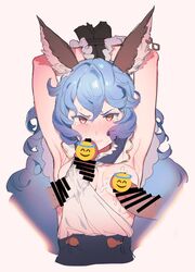 amanekuu animal_ears armpits arms_up bar_censor black_gloves blue_hair blush bound bound_wrists breasts brown_gloves bunny_ears censored crying crying_with_eyes_open cum cum_on_body cum_on_breasts cum_on_upper_body erune female ferry_(granblue_fantasy) gloves granblue_fantasy highres penis penis_on_face penis_under_clothes sideboob small_breasts tears wavy_hair