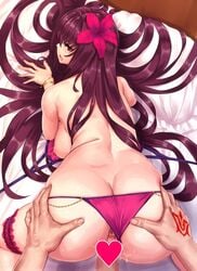 all_fours anus areolae ass ass_grab bare_shoulders bikini blush bracelet breasts censored fate/grand_order fate_(series) female flower garters hair_flower hair_ornament hayama_kazusa heart heart_censor hibiscus highres jewelry large_breasts long_hair looking_at_viewer looking_back nipples open_mouth purple_bikini purple_eyes purple_hair scathach_(fate) scathach_(swimsuit_assassin) sex sideboob straight sweat swimsuit topless vaginal_penetration very_long_hair