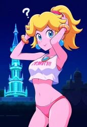 ai_generated blonde_female blonde_hair blonde_hair mario_(series) nintendo outdoors princess_peach skimpy_clothes skimpy_outfit super_mario_bros. tank_top