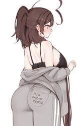 bra brown_hair clothed_female english_text sky_(skyaboveme) skyaboveme sweatpants writing_on_clothes